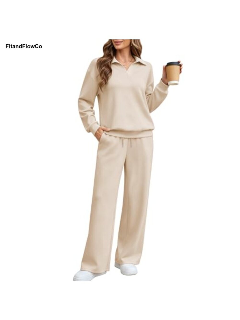 Womens 2 Piece Lounge Set Wide Leg Sweatpants & Polo Sweatshirt Matching Fall